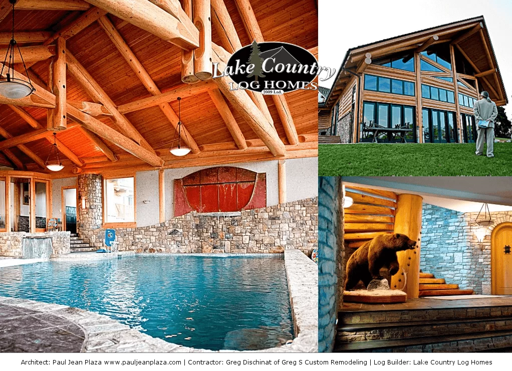 Collage of a Douglas Fir post and beam log home in Pennsylvania: left image shows an indoor pool room with handcrafted scissor-style Douglas Fir log trusses; top right image features the glass-fronted exterior with stone accents, gabled rooflines, and full-height windows; bottom right image displays an interior log staircase with curved stone wall and a mounted bear, highlighting rustic luxury craftsmanship